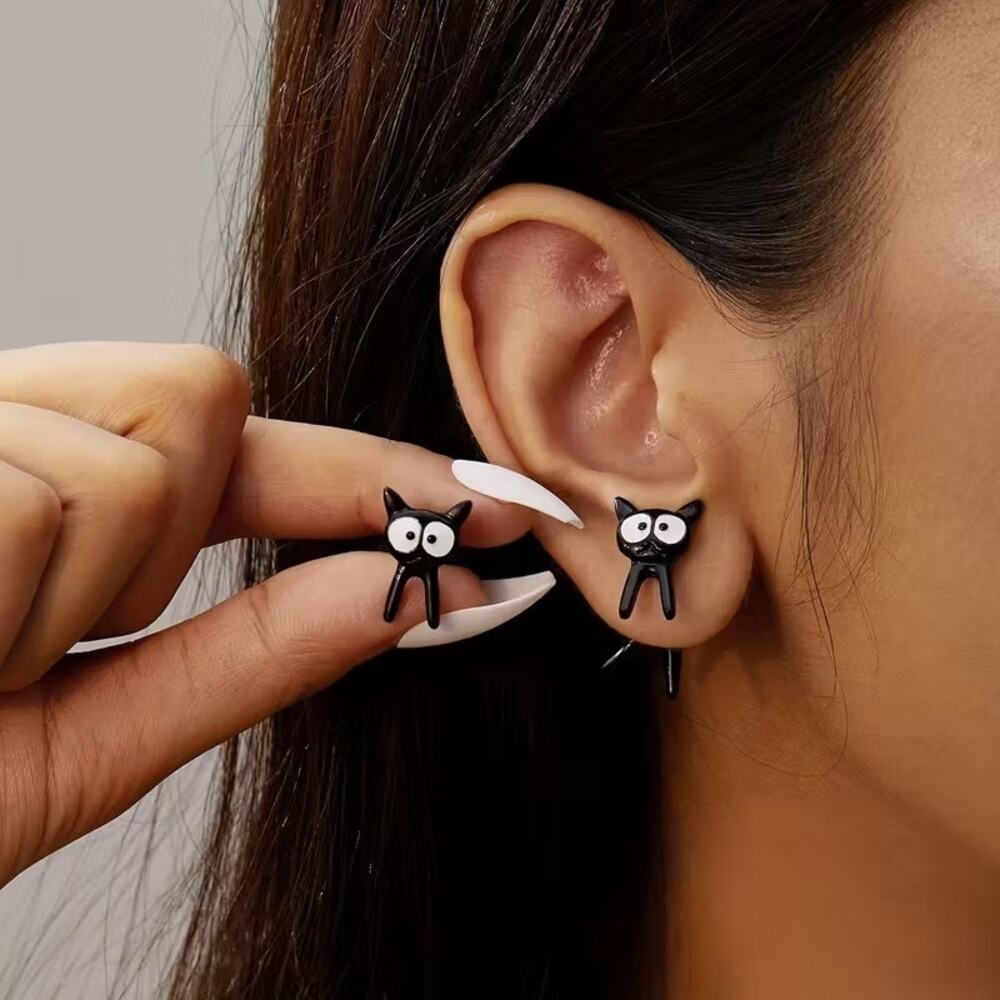 3D Black Cat Front Back Stud Earrings Funny Cute Animal Jewelry Gift